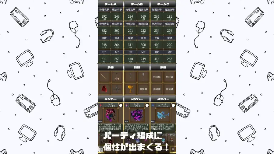 スカウトクエストRPG、自由なパーティー編成